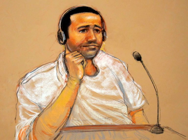 FILE - This Nov. 9, 2011, file artist rendering by courtroom artist Janet Hamlin, reviewed by the U.S. military, shows Abd al Rahim al-Nashiri during his military commissions arraignment at the Guantanamo Bay detention center in Guantanamo, Cuba. U.S. prosecutors must turn over never-revealed details about the time a Guantanamo Bay detainee spent in secret CIA prisons after his arrest in connection with the deadly attack on the USS Cole in Yemen, according to a military judge's order released Tuesday, April 22, 2014. The five-page order was a victory for defense lawyers representing Abd al Rahim al-Nashiri, who is accused of orchestrating the Oct. 12, 2000, bombing of the USS Cole in the Yemeni port of Aden. (AP Photo/Janet Hamlin, File)