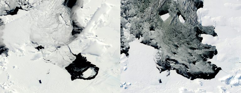 This combination of Dec. 10, 2013, left, and March 11, 2014 photos provided by NASA shows a large iceberg separating from the Pine Island Glacier and traveling across Pine Island Bay in Antarctica. Scientists are watching the iceberg, which is bigger than the island of Guam, as it slowly moves away from the glacier, bottom right in December, upper left center in March. NASA scientist Kelly Brunt said it is more a wonder than a worry and is not a threat to shipping or sea level rise. (AP Photo/NASA)