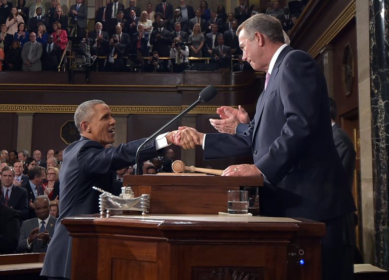President Obama shakes hands with House Speaker John Boehner as he arrives to deliver his State of the Union address to a joint session of Congress on Capitol Hill on Tuesday. (AP Photo/Mandel Ngan)