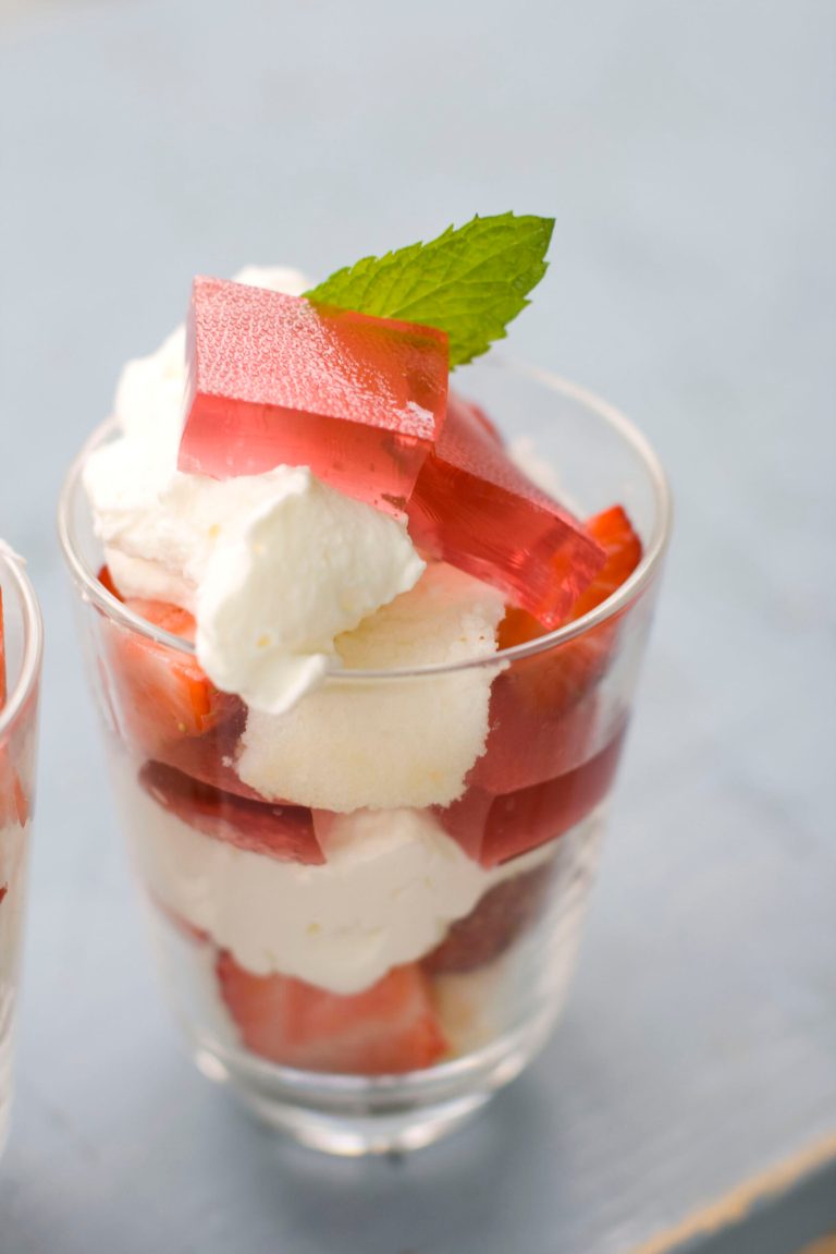   This May 14, 2012 image shows a dessert of strawberry jiggle trifle, layered with cubes of angel food cake, berries, and whipped cream, is seen here in Concord, N.H. (AP Photo/Matthew Mead)  