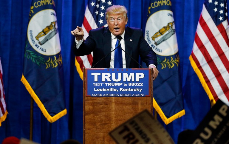 Republican presidential candidate Donald Trump speaks during a rally March 1, 2016, in Louisville, Ky. Trump pointed at protesters during the rally and demanded, 