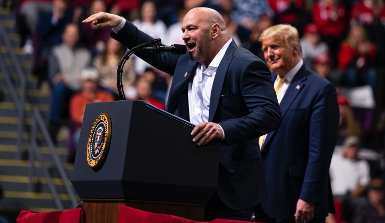 President Donald Trump looks on as Ultimate Fighting Championship president Dana White speaks during a campaign rally at The Broadmoor World Arena, Thursday, Feb. 20, 2020, in Colorado Springs, Colo.                                                                                         