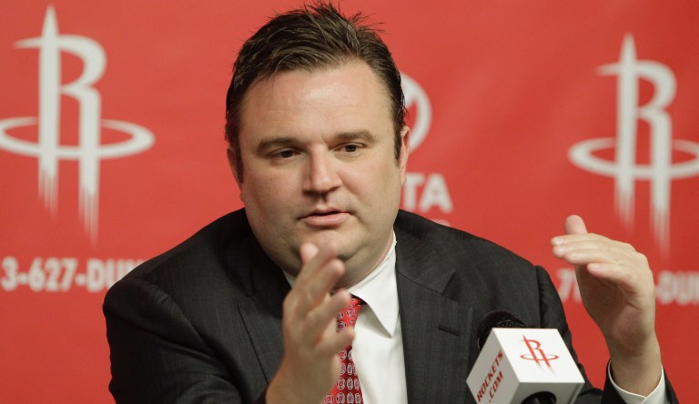 Houston Rockets general manager Daryl Morey discusses the direction of the team Tuesday, April 19, 2011, in Houston after the decision to part ways with NBA basketball head coach Rick Adelman. 