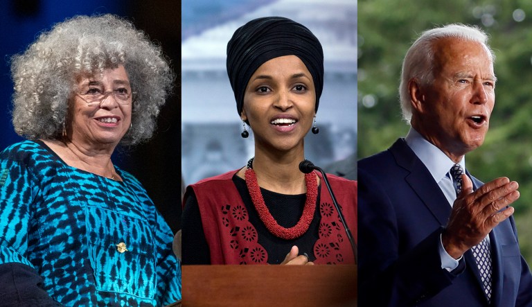 From left to right: Angela Davis, Ilhan Omar, and Joe Biden are seen.