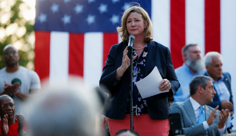 Dayton Mayor Nan Whaley speaks during a vigil at the scene of a mass shooting, Sunday, Aug. 4, 2019, in Dayton, Ohio. Multiple people in Ohio have been killed in the second mass shooting in the U.S. in less than 24 hours, and the suspected shooter is also deceased, police said.