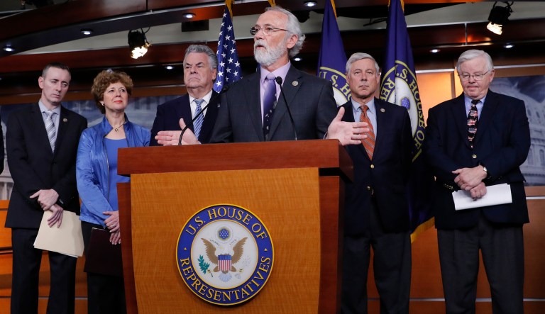 Rep. Dan Newhouse, R-Wash., center, is joined by fellow Republicans to discuss their support of the Deferred Action for Childhood Arrivals program, during a news conference on Capitol Hill in Washington, Thursday, Nov. 9, 2017. (AP Photo/J. Scott Applewhite)