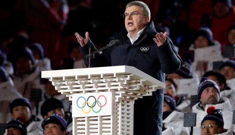 IOC president Thomas Bach speaks during the opening ceremony of the 2018 Winter Olympics in Pyeongchang, South Korea, Friday, Feb. 9, 2018. (AP Photo/Vadim Ghirda)