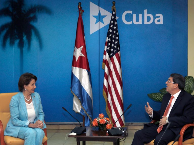 U.S. House Minority Leader Nancy Pelosi, D-Calif., left, meets with Cuba's Foreign Minister Bruno Rodriguez at the foreign ministry building in Havana, Cuba, Wednesday, Feb. 18, 2015. Pelosi is leading a delegation of Democrats from her chamber on a visit to Cuba that her office said was aimed at further improving U.S. relations with the island nation. (AP Photo/Desmond Boylan)