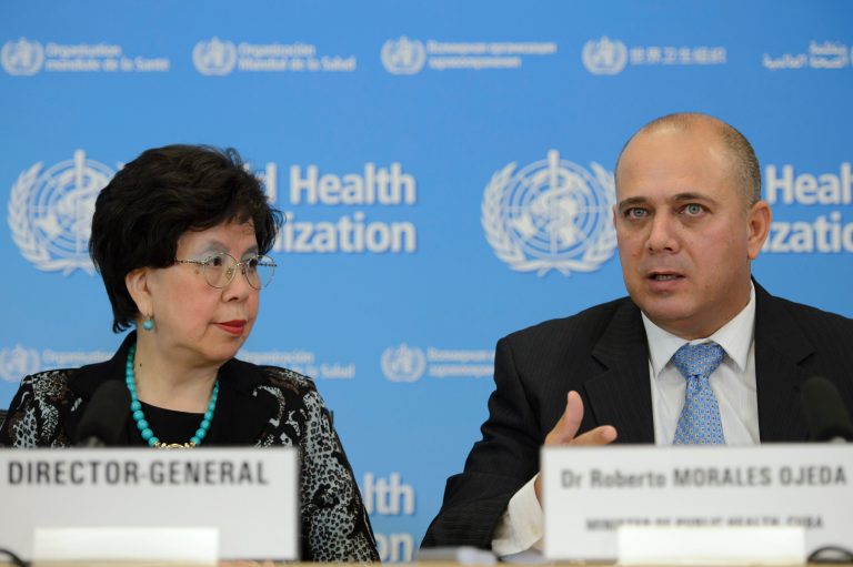 China's Margaret Chan, left, General Director of the World Health Organization, WHO, and Roberto Morales Ojeda, right, Minister of Public Health, Cuba attend a press conference about the support to Ebola affected countries, at the headquarters of the WHO,  in Geneva, Switzerland, Friday, Sept. 12, 2014.   Cuba's health ministry said Friday it is sending more than 160 health workers to help stop the raging Ebola outbreak in Sierra Leone, providing a much-needed injection of medical expertise in a country where health workers are in short supply. (AP Photo/Keystone,Martial Trezzini)