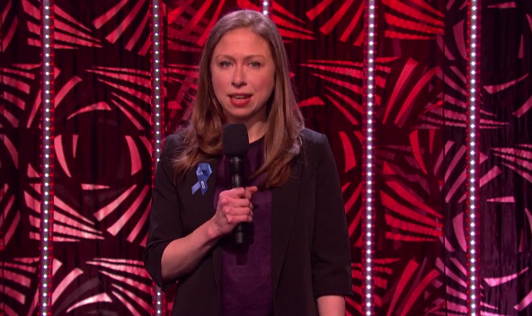 Chelsea Clinton talked about how the ACLU has helped people take states' voting-rights issues to court and introduced a video of Ruthelle Frank, a Wisconsin resident barred from voting in Wisconsin since 2011 because she lacks a proper ID. (Screen shot)