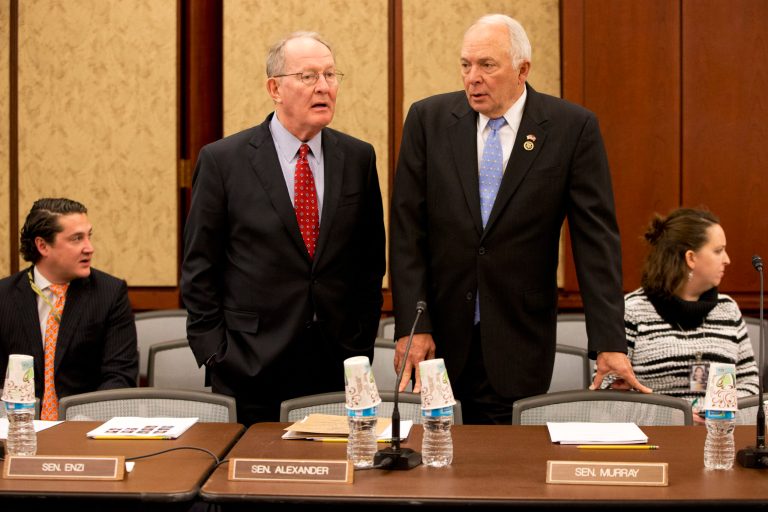 Senate Health, Education, Labor and Pensions Committee Chairman Sen. Lamar Alexander, left, and House Education and the Workforce Committee Chairman Rep. John Kline, trying to resolve competing versions of a rewrite to the No Child Left Behind education law. (AP Photo/Jacquelyn Martin)
