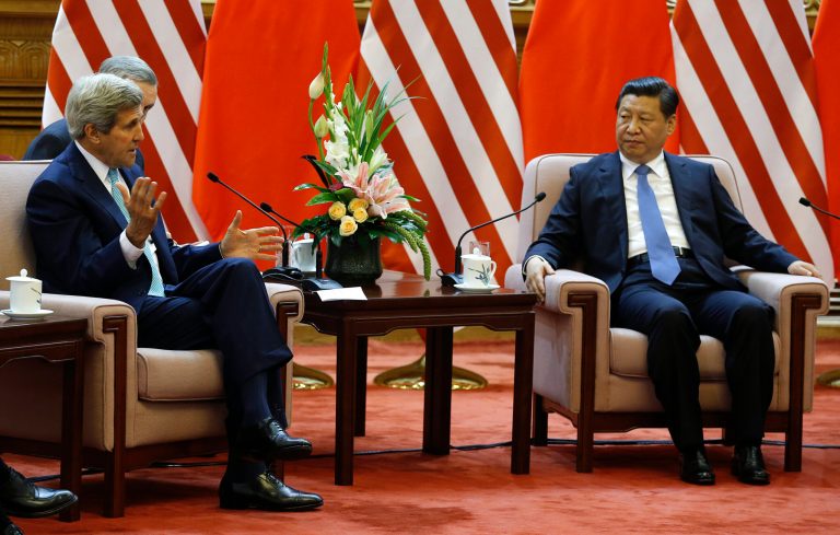 Secretary of State John Kerry meets with China's President Xi Jinping, right, at the Great Hall of the People in Beijing on Thursday. (AP/Jim Bourg)