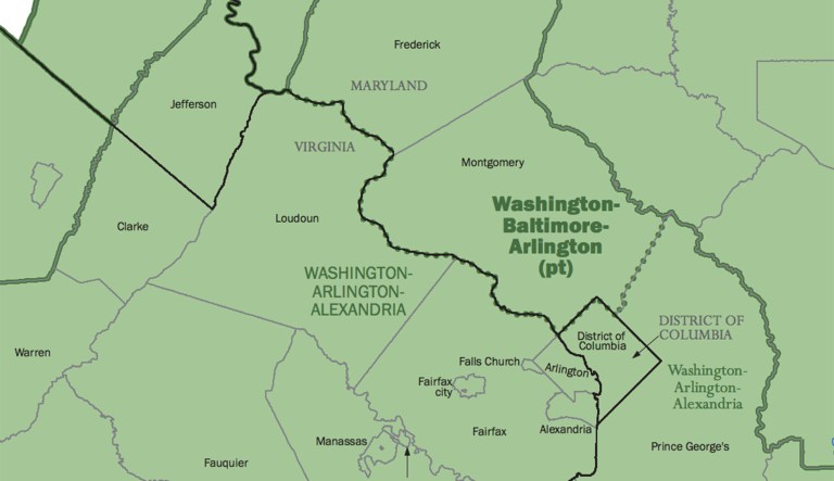 A map from the U.S. Census Bureau shows various counties in Virginia (bottom half) and Maryland (top half) within the D.C. metropolitan area.