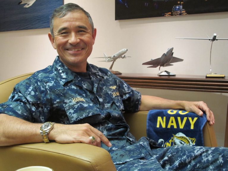 U.S. Pacific Fleet commander Adm. Harry B. Harris Jr. poses for a photo at his office in Pearl Harbor, Hawaii on Thursday, Dec. 12, 2013. (AP Photo/Audrey McAvoy)