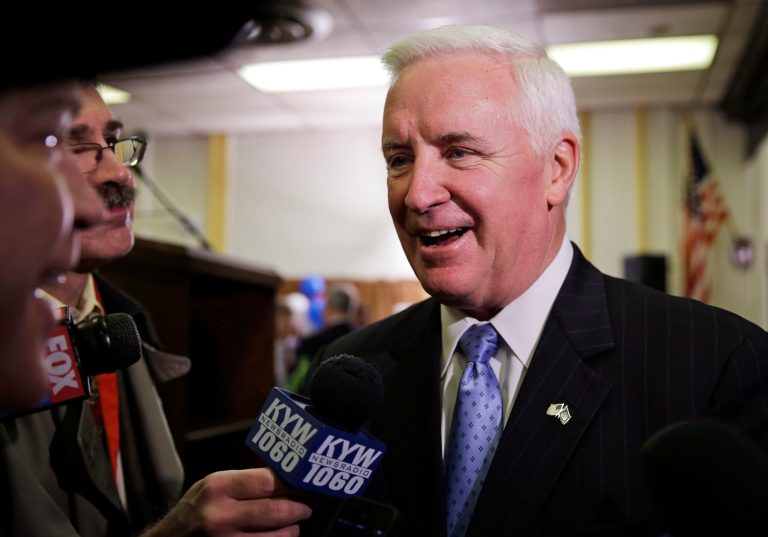 Pennsylvania Gov. Tom Corbett, who is running for re-election, speaks with reporters during a campaign stop, Thursday, Nov. 7, 2013, at the Cpl. John Loudenslager American Legion Post 366 in Philadelphia. (AP Photo/Matt Rourke)