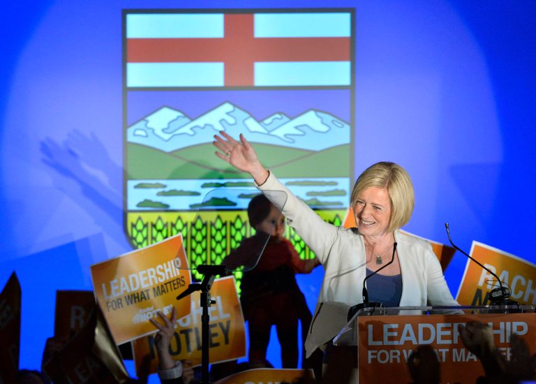Alberta NDP leader Rachel Notley speaks on stage after being elected Alberta's new Premier in Edmonton on Tuesday, May 5, 2015. The NDP won a majority in Alberta by toppling the Progressive Conservative colossus that has dominated the province for more than four decades. (Nathan Denette/The Canadian Press via AP)