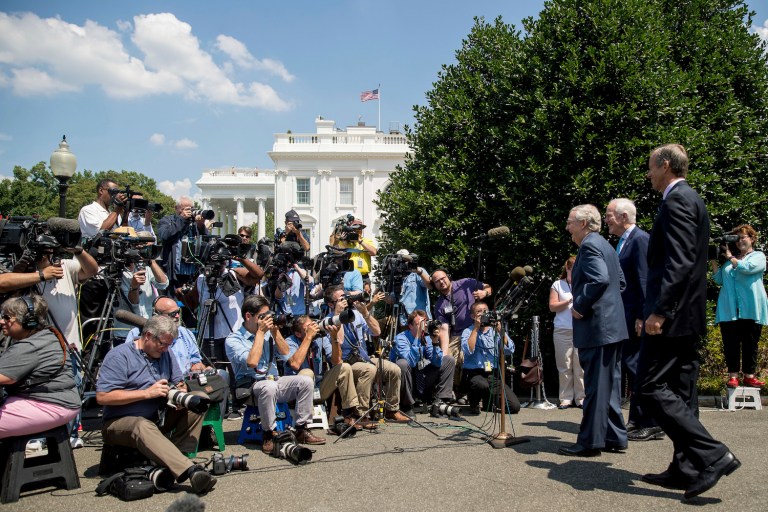 The ongoing antagonism between the press and public officials has caused greater distance between them and less trust. (AP Photo/Andrew Harnik)