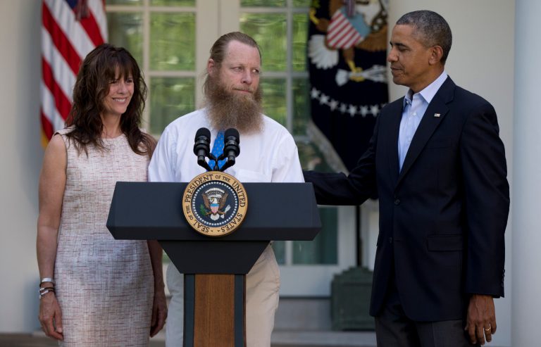 Accompanied by President Obama, Jani Bergdahl and Bob Bergdahl speak during a news conference in the Rose Garden of the White House in Washington on Saturday, May 31, 2014 about the release of their son, U.S. Army Sgt. Bowe Bergdahl. (AP Photo/Carolyn Kaster)