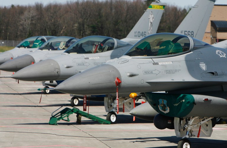 Two South Carolina Air National Guard F-16s collided in the skies over Georgia Tuesday night, Air Force officials said. (AP Photo/Toby Talbot)