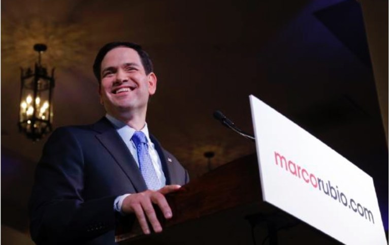 Florida Sen. Marco Rubio smiles during his announcement he is running for the Republican nomination, at a rally at the Freedom Tower, Monday, April 13, 2015, in Miami. (AP Photo/Alan Diaz)