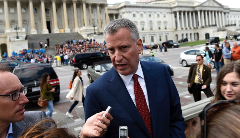New York City Mayor Bill de Blasio speaks to reporters on Capitol Hill in Washington, Wednesday, May 13, 2015.