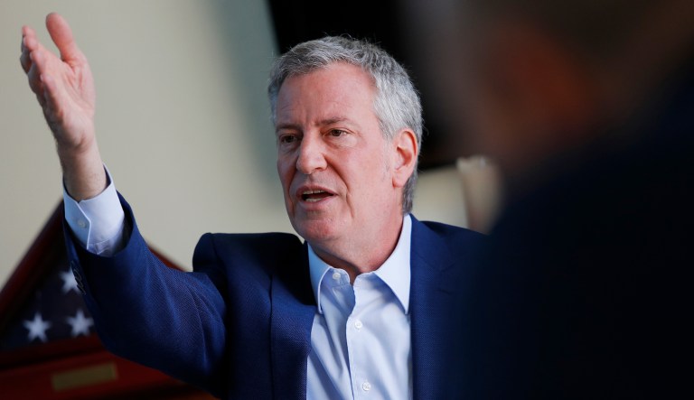 FILE - In this May 25, 2019, file photo, Democratic presidential candidate New York Mayor Bill de Blasio speaks at an event with veterans and military families in Las Vegas. New York City Mayor Bill de Blasio is picking up the first union endorsement of his longshot presidential bid. 
