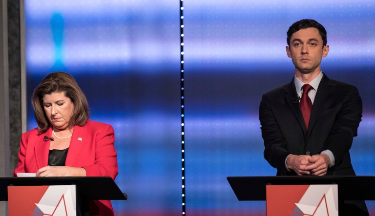 Candidates in Georgia's 6th Congressional District race Republican Karen Handel and Democrat Jon Ossoff debate before before the June 20 special congressional election. (Branden Camp/Atlanta Journal-Constitution via AP)