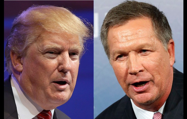 According to the latest Monmouth University poll, Gov. John Kasich leads Donald Trump 40 to 35 percent in Ohio.(AP Photos)