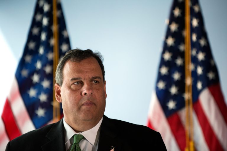 New Jersey Gov. Chris Christie stands during a press conference with New York Gov. Andrew Cuomo (not pictured) to announce the initial findings from their joint review of security protocols, in response to growing, global terrorism, for New Jersey and New York during a press conference on Sept. 24, 2014 at 7 World Trade Center in New York. (Photo by Bryan Thomas/Getty Images)