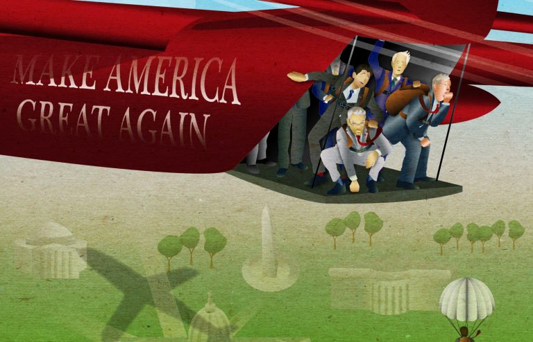 Trump's presidency is off to a rocky start. His job approval rating is flailing below 40 percent in the latest national polling average. (Illustration by Sarah Knight Davis)