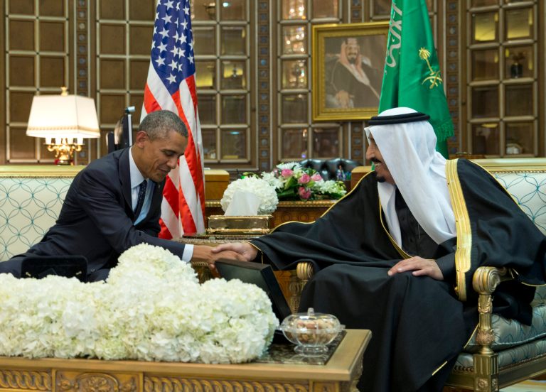 President Barack Obama and new Saudi Arabian King, Salman bin Abdul Aziz, are photographed as they shake hands in a bilateral meeting at Erga Palace in Riyadh, Saudi Arabia, Tuesday, Jan. 27, 2015. The president has come to express condolences on the death of the late Saudi Arabian King Abdullah bin Abdulaziz al-Saud. (AP Photo/Carolyn Kaster)