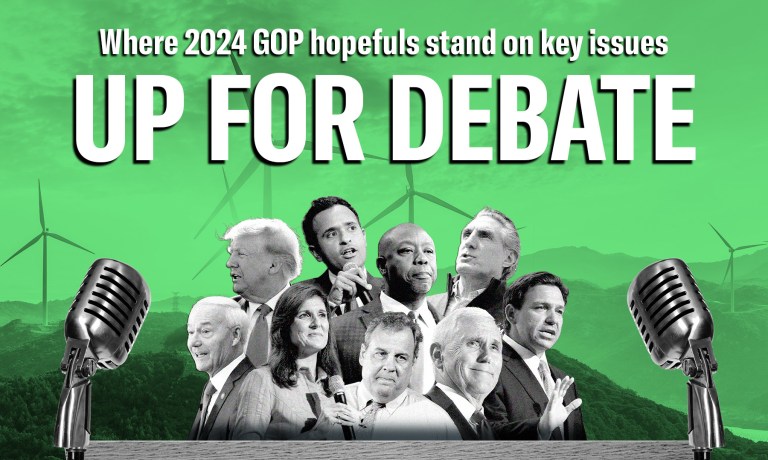 2024 Republican presidential candidates. Back row (left to right) Donald Trump, Vivek Ramsawamy, Tim Scott, Doug Burgum; front row Asa Hutchinson, Nikki Haley, Chris Christie, Mike Pence, Ron DeSantis