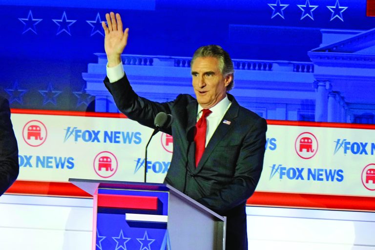 Burgum is introduced at a GOP primary debate in Milwaukee, Aug. 23, 2023.