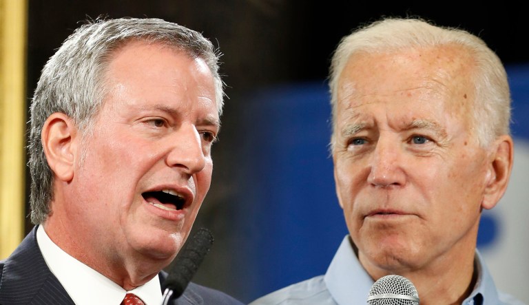 New York Mayor Bill de Blasio (left) and Joe Biden (right) are shown.