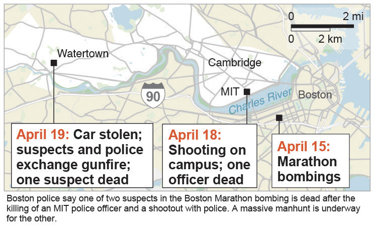 This locator map shows the location and time line of the suspects in the Boston Marathon explosions. Boston police say one of the two suspects in the Boston Marathon bombing is dead after the killing of an MIT police officer and a shootout with police. A massive manhunt is underway for the other. (AP Photo)