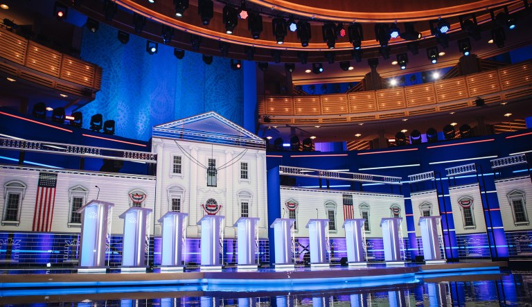 Podiums stand in the debate hall ahead of the Democratic presidential candidate debate in Miami, Florida, U.S., on Wednesday, June 26, 2019. Twenty Democratic presidential contenders will meet Wednesday and Thursday for the first debate of the 2020 campaign, a high-stakes event for the biggest and most diverse field ever of would-be party nominees.