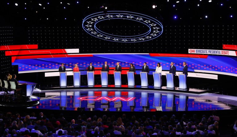 From left, Sen. Michael Bennet, D-Colo., Sen. Kirsten Gillibrand, D-N.Y., former Housing and Urban Development Secretary Julian Castro, Sen. Cory Booker, D-N.J., former Vice President Joe Biden, Sen. Kamala Harris, D-Calif., Andrew Yang, Rep. Tulsi Gabbard, D-Hawaii, Washington Gov. Jay Inslee and New York City Mayor Bill de Blasio.