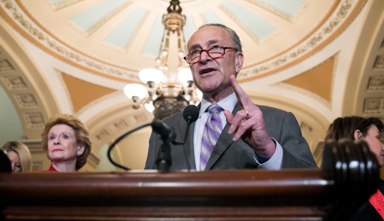 Senate Minority Leader Chuck Schumer, D-N.Y., speaks during a news conference on Capitol Hill.