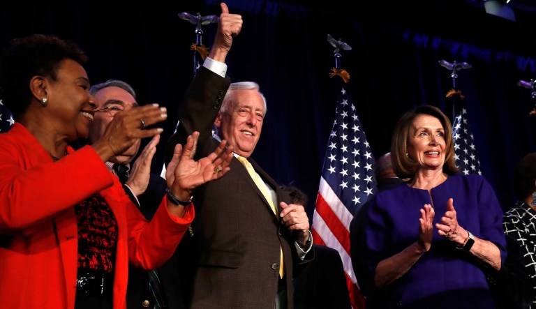 House Minority Leader Nancy Pelosi of California, right, steps away from the podium as House Minority Whip Steny Hoyer, D-Md., makes the thumbs up sign, after Pelosi spoke about Democratic gains in the House of Representatives to a crowd of Democratic supporters during an election night returns event at the Hyatt Regency Hotel, on Tuesday, Nov. 6, 2018, in Washington. At far left is Rep. Barbara Lee, D-Calif., with Rep. G.K. Butterfield, D-N.C., chair of the Congressional Black Caucus. 