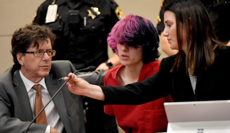 Devon Erickson, an accused STEM school shooter, answers the judge during his advisement at the Douglas County Courthouse in Castle Rock, Colo., Wednesday, May 8, 2019.