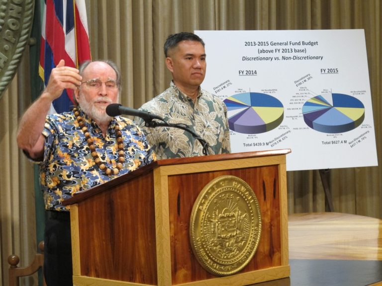   Gov. Neil Abercrombie, left, discusses his budget proposals for the next two fiscal years at a news conference with Budget Director Kalbert Young at the state Capitol in Honolulu on Thursday, Dec. 20, 2012. The governor says spending increases he's proposing address fundamental necessities like early childhood education, state employee pensions and retiree health care. (AP Photo/Audrey McAvoy)  
