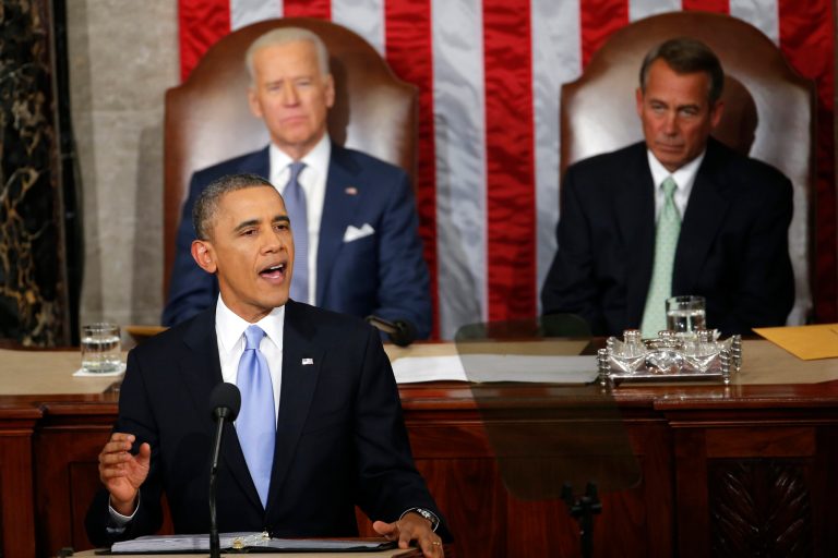 President Barack Obama gives his State of the Union address on Capitol Hill in Washington, Tuesday Jan. 28, 2014, as Vice President Joe Biden and House Speaker John Boehner of Ohio, listen. (AP Photo/Charles Dharapak)