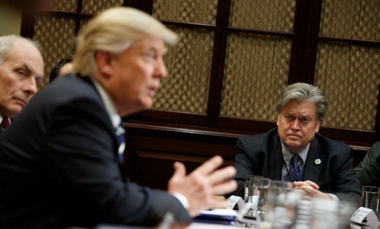 All told, Bannon disclosed assets valued between $13 million and $56 million. (AP Photo/Evan Vucci)
