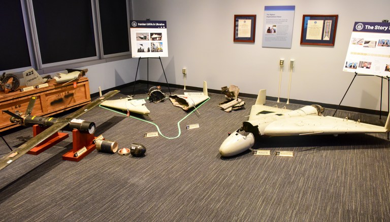 The Defense Intelligence Agency has concluded definitively that Russia is using Iranian drones in its war in Ukraine. The DIA has set up an exhibit that includes a Shahed-131 UAV found in Iraq (right) that the Iranians took credit for and it matches the remnants of the same drones found in Ukraine (center). On the left is a different variation of the Shaheds, this is the Shahed-101, which hasn't been found in Ukraine but is another example of Tehran's drone program. 