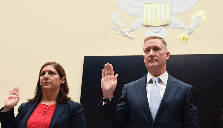 Senior Cybersecurity Advisor at the Department of Homeland Security Matthew Masterson, left, Deputy Assistant Director for Counterterrorism at the FBI Nikki Flores, second from left, Deputy Assistant Attorney General for National Security Adam Hickey, second from right, and Vice Chair at the U.S. Election Assistance Commission Ben Hoveland, right, are sworn in to testify before the House Judiciary Committee hearing on Capitol Hill in Washington, Tuesday, Oct. 22, 2019, on election security.