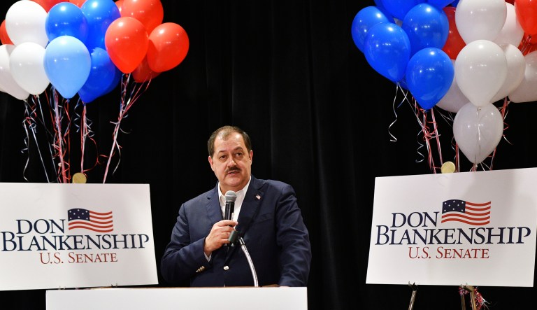 FILE - In this May 8, 2018, file photo, former Massey Energy CEO Don Blankenship speaks to supporters in Charleston, W.Va. Despite having lost the Republican primary, convicted ex-coal baron Blankenship said heâs going to continue his bid for U.S. Senate as a third-party candidate. Blankenshipâs campaign said in a news release Monday, May 21, that heâll be running as a member of the Constitution Party, which nominated him by a unanimous vote.