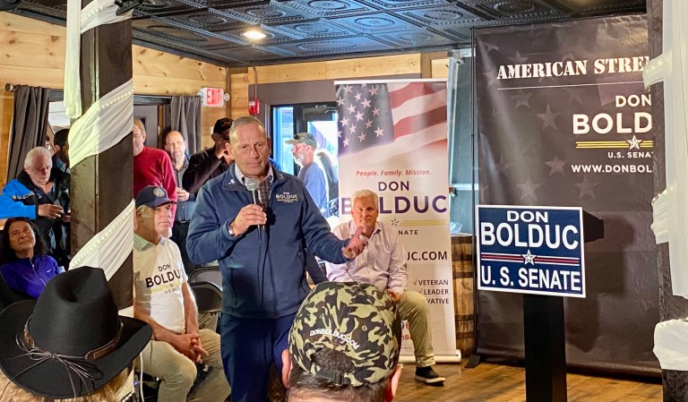 Republican Senate candidate Don Bolduc speaks to voters at an event in Kingston, New Hampshire on Nov. 3, 2022.