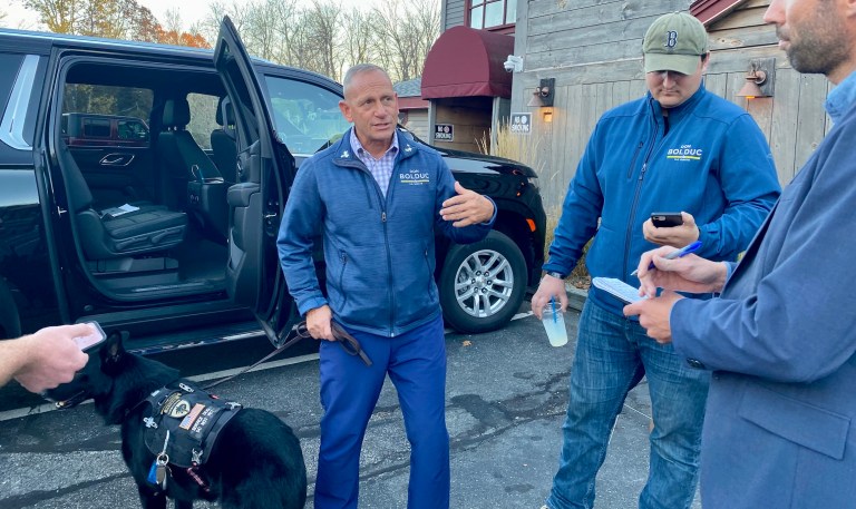 New Hampshire Republican Senate candidate Don Bolduc speaks to reporters following a town hall in Kingston, New Hampshire, on Nov. 3, 2022. 