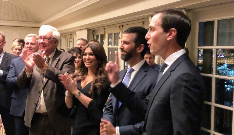 Top Trump adviser Jared Kushner hosts a book party for Donald Trump Jr., standing next to his girlfriend and 2020 campaign adviser Kimberly Guilfoyle at the Hay Adams Wednesday night. Kushner hosted with his wife Ivanka Trump.