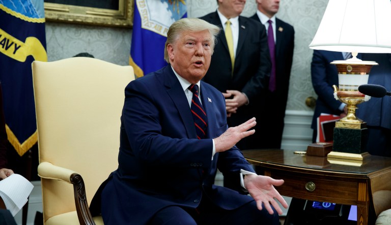 President Donald Trump speaks during a meeting with Italian President Sergio Mattarella in the Oval Office of the White House, Wednesday, Oct. 16, 2019, in Washington.